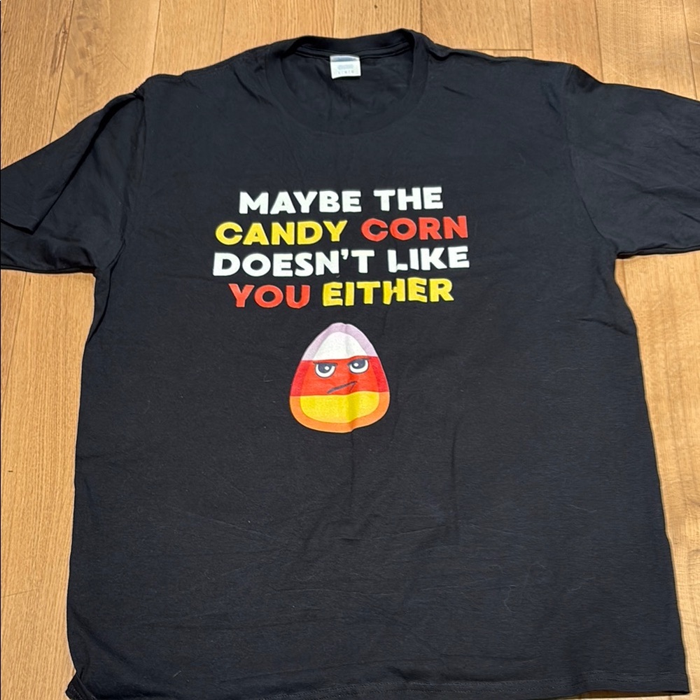 Black Graphic Tee with Candy Corn Design